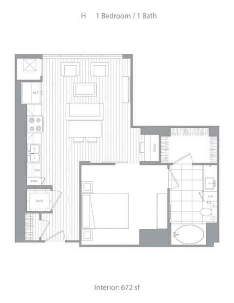 Floor plan for 1 bed, 1 bath, 672 sqft